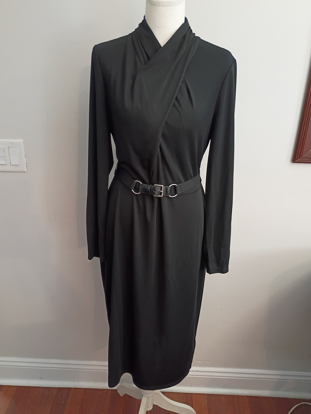 Black Long Sleeve Wrap Belted Dress